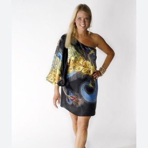 Tibi Silk One Shoulder Mini Dress Firebird Peacock Cocktail XS/S Sexy